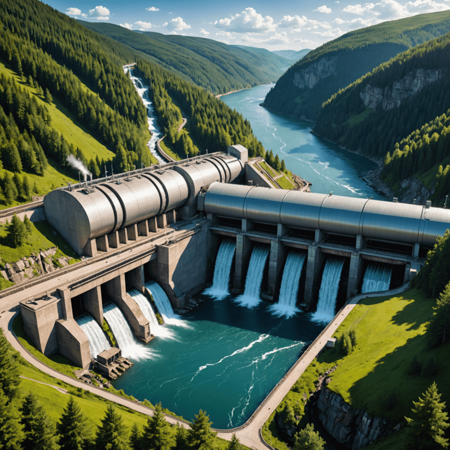 Illustration of a modern hydropower plant integrated with natural landscape, showing turbines, dam, and surrounding forest