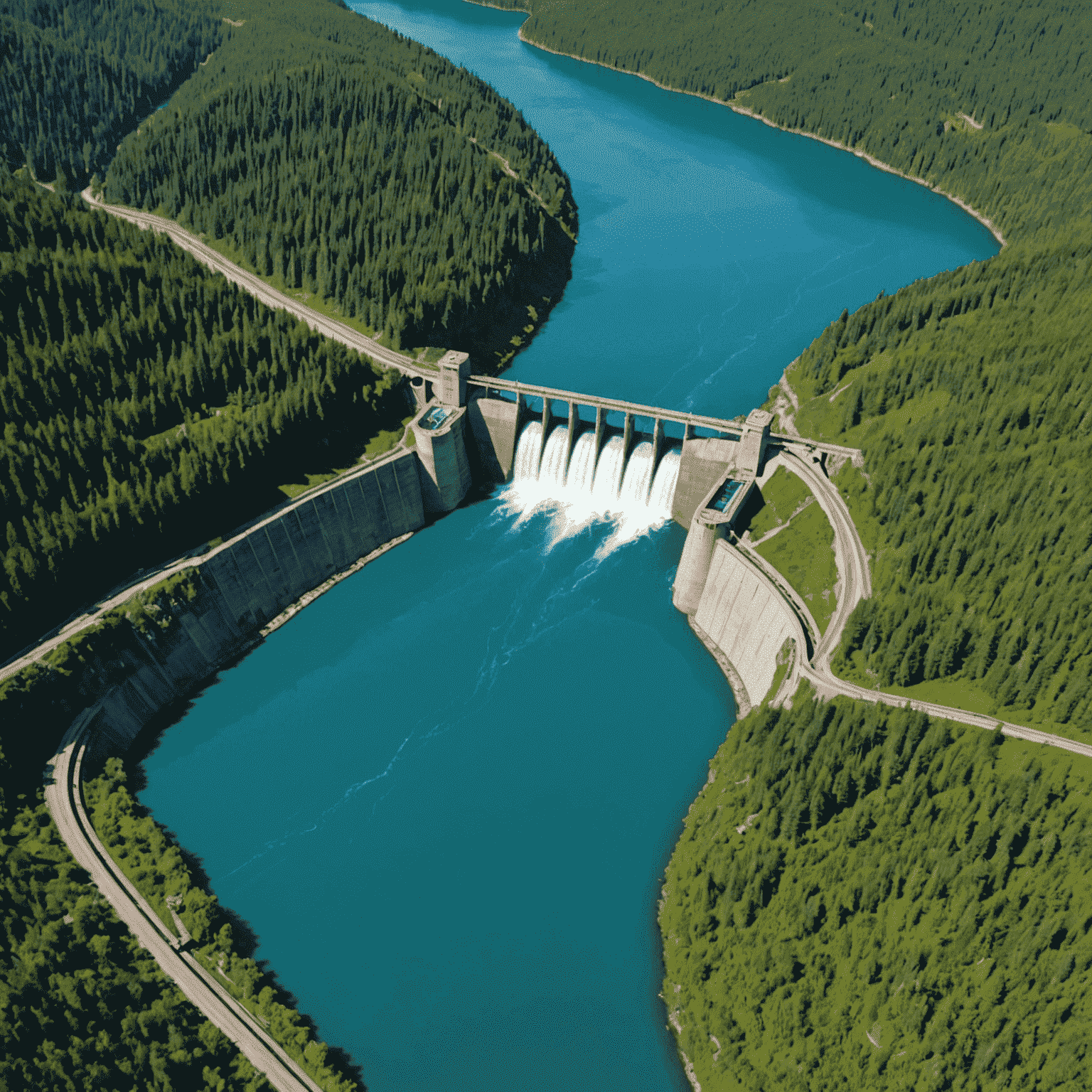 Aerial view of a modern hydropower dam with turquoise water, surrounded by lush green forests, symbolizing EcoInnovations' commitment to sustainable hydropower development in Canada