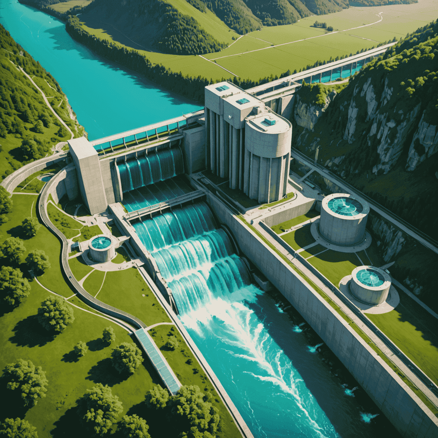 Illustration of a modern hydropower plant with turquoise water flowing through turbines, surrounded by lush green landscape and integrated smart grid technology