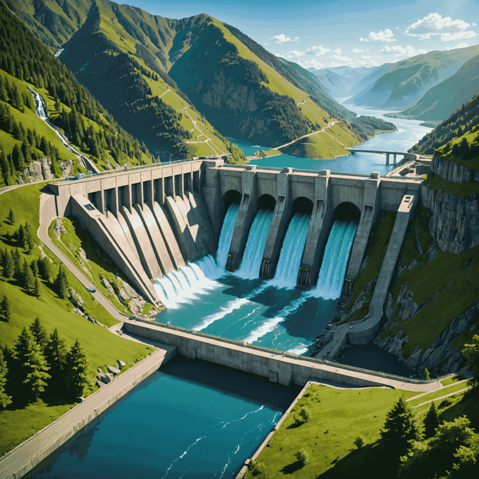 Futuristic hydropower dam with advanced turbines and integrated smart grid technology, set against a backdrop of lush green mountains and a vibrant blue sky