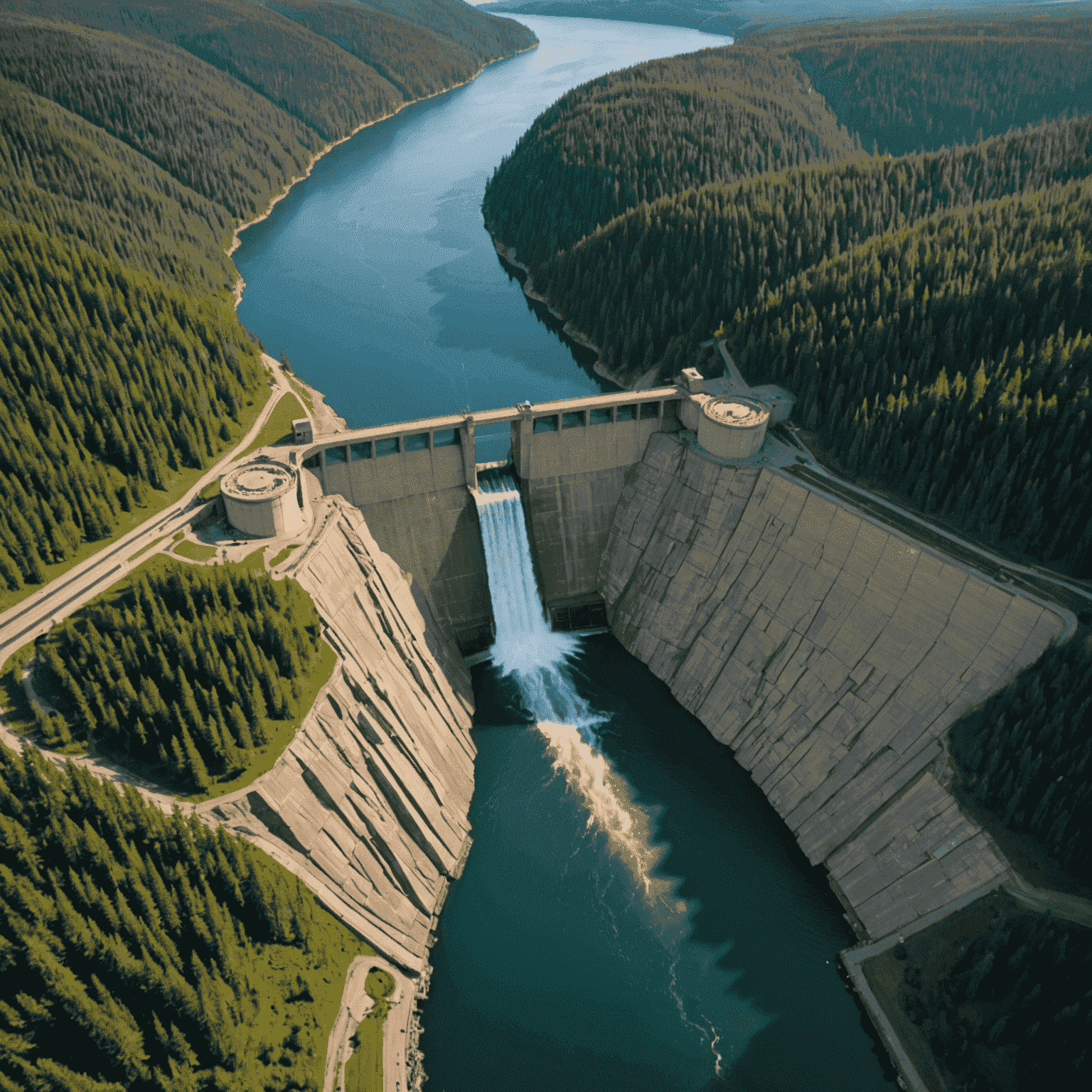 Aerial view of a large hydroelectric dam in Canada, surrounded by lush forests and a vast reservoir