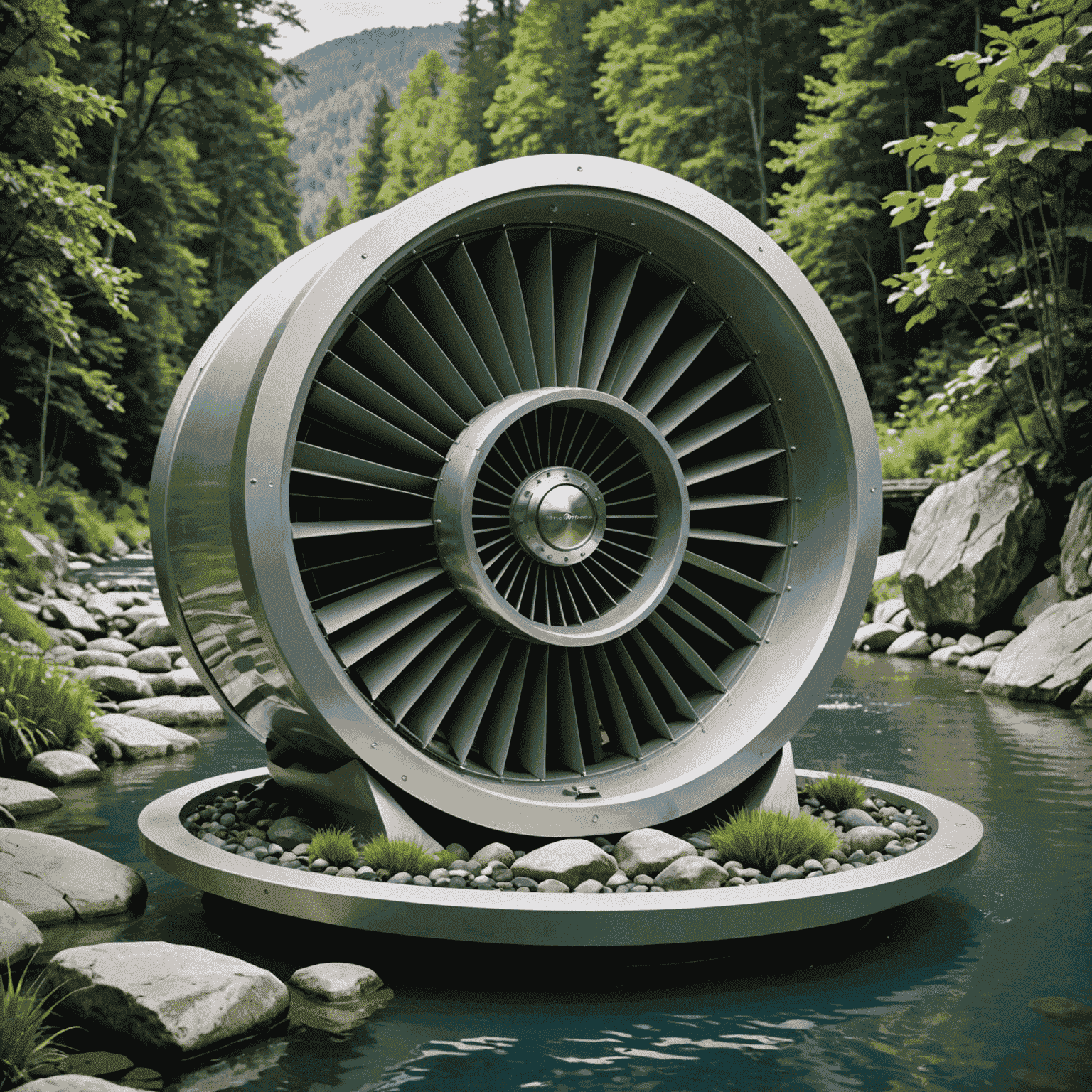 A modern, sleek hydropower turbine with fish-friendly features, showcasing its eco-friendly design. The turbine blades are shaped to minimize impact on aquatic life, and the surrounding structure incorporates natural elements like rocks and plants to blend with the environment.