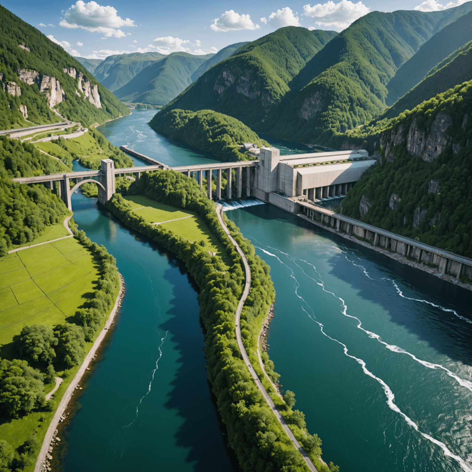 A split image showing a pristine river ecosystem on one side and a modern hydropower plant on the other, symbolizing the balance between nature and energy production