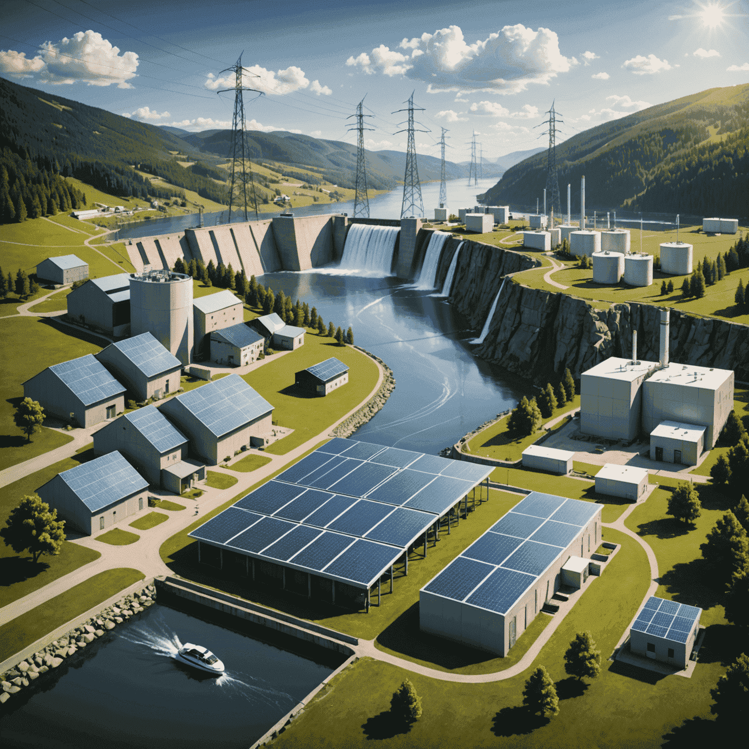 Illustration of a smart grid system integrated with a hydropower dam, showing power lines connecting to various buildings and renewable energy sources