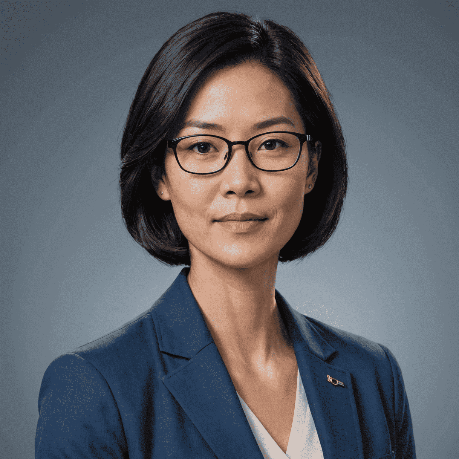 Portrait of Dr. Emily Chen, a woman in her 40s with short black hair and glasses, wearing a blue blazer