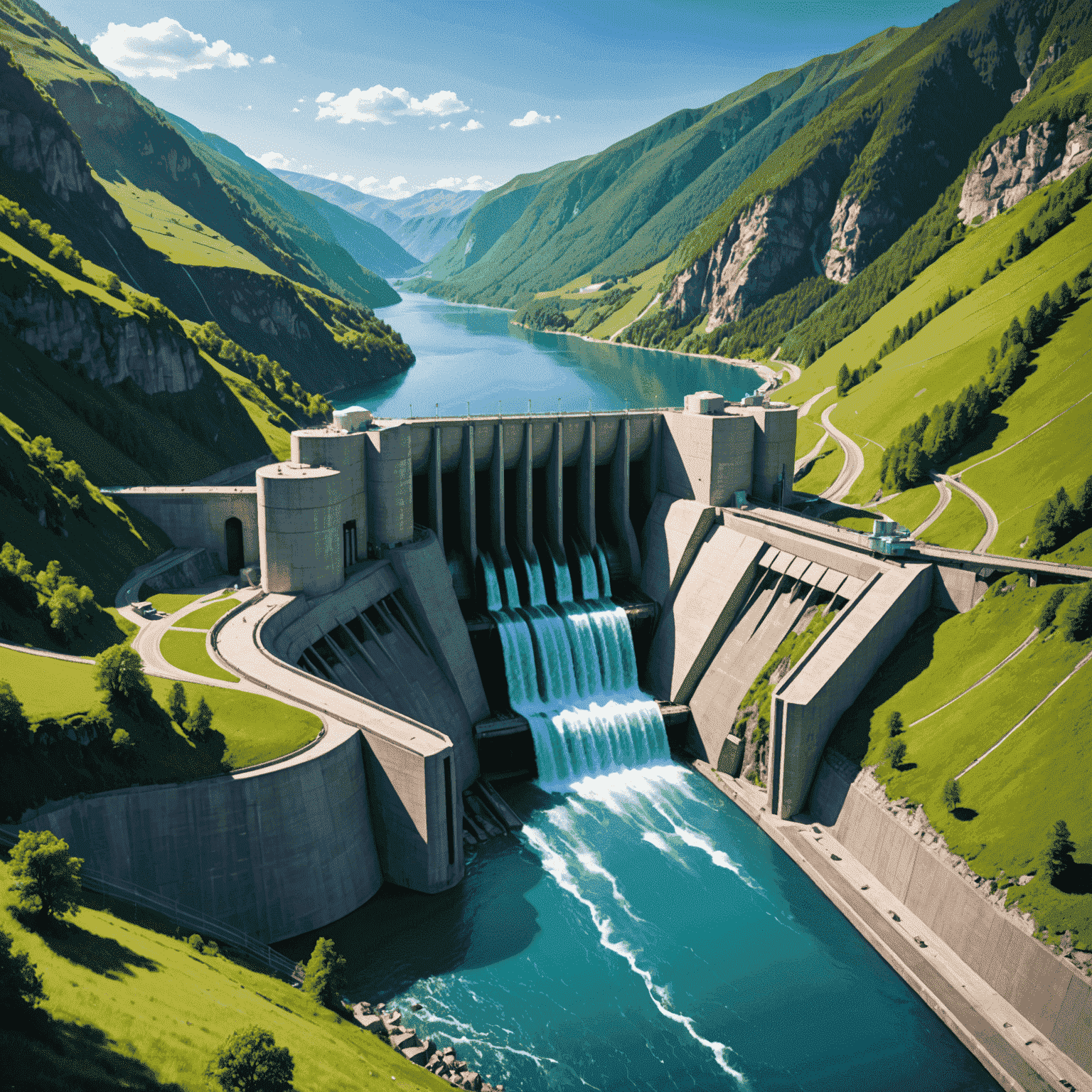 Illustration of futuristic hydropower dam with advanced turbines and digital monitoring systems, set against a backdrop of lush green mountains and a clear blue sky. The image showcases sleek, eco-friendly design elements and cutting-edge technology integrated seamlessly with nature.