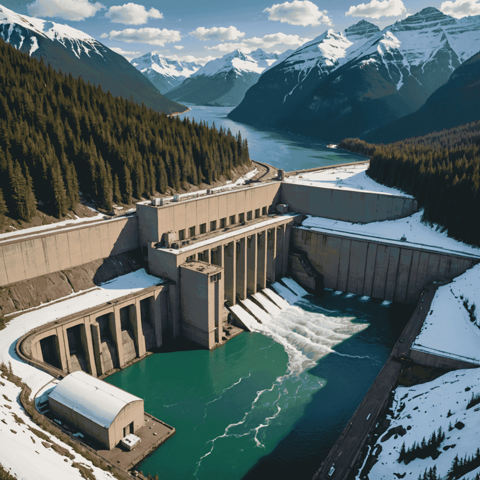 Panoramic view of a large Canadian hydropower facility nestled in a lush forest, with snow-capped mountains in the background