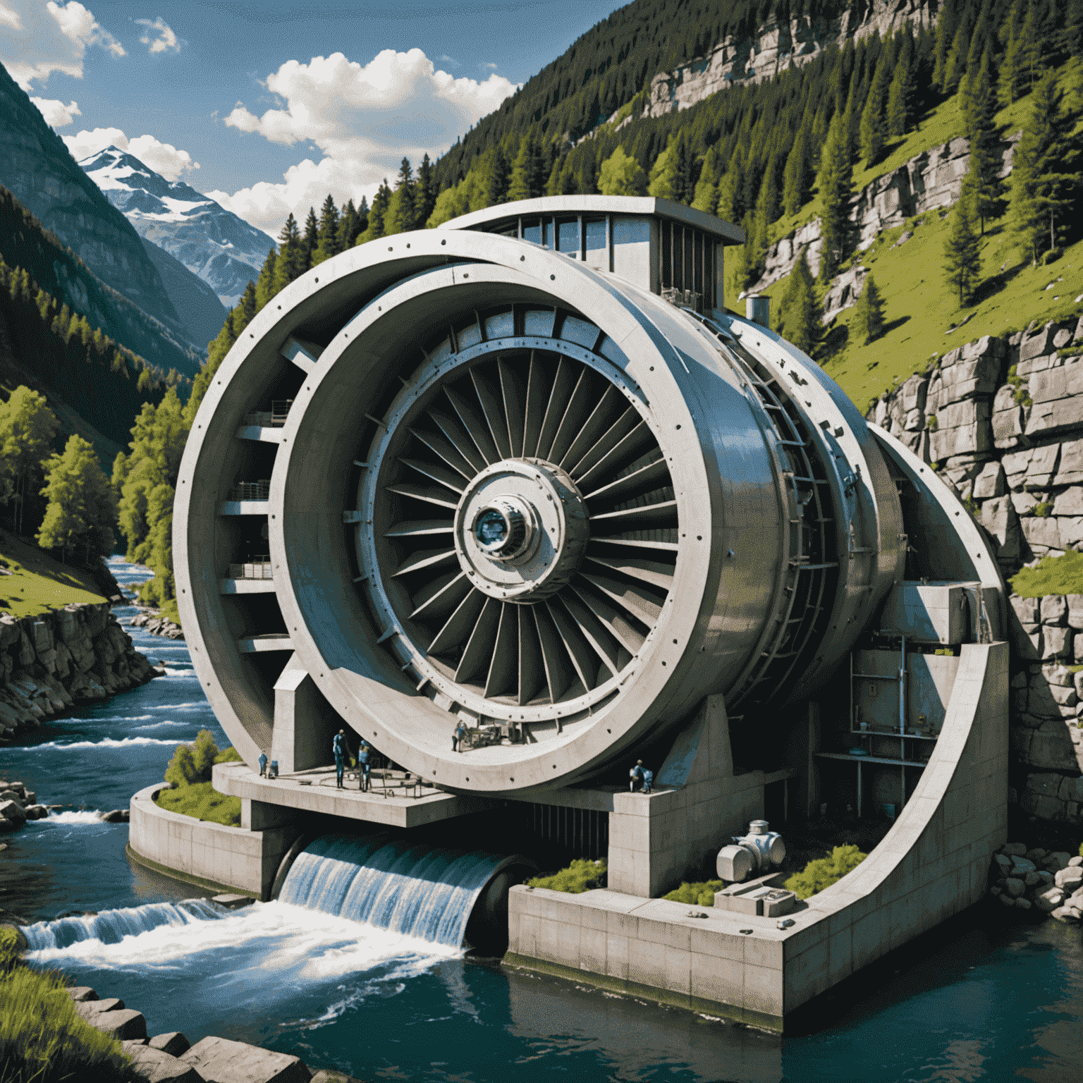 Cross-section of an eco-friendly hydropower turbine with special passages for fish, showcasing its innovative design that balances energy production with environmental protection