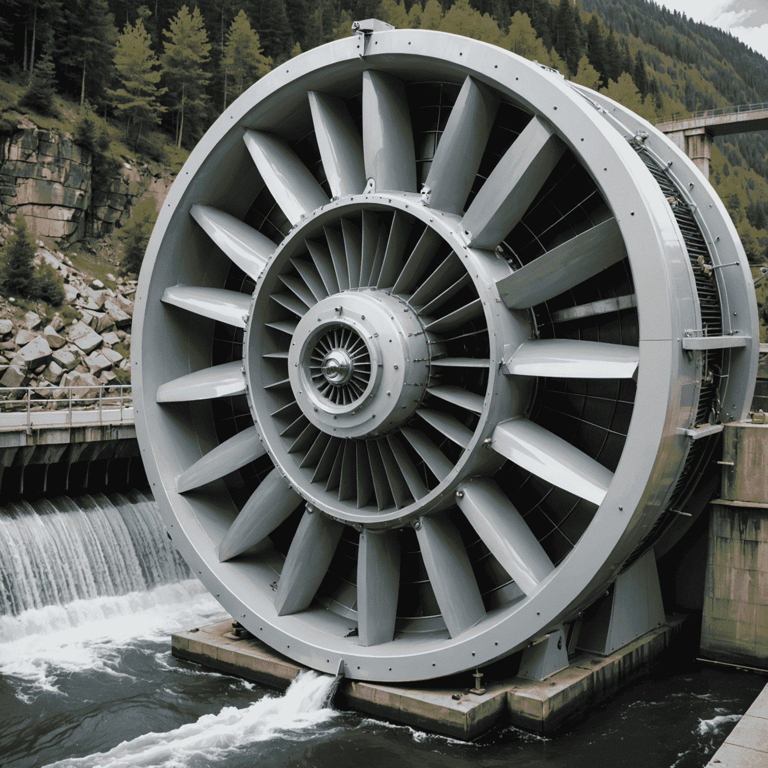 Close-up of a modern, fish-friendly hydroelectric turbine with smooth blades and advanced sensors