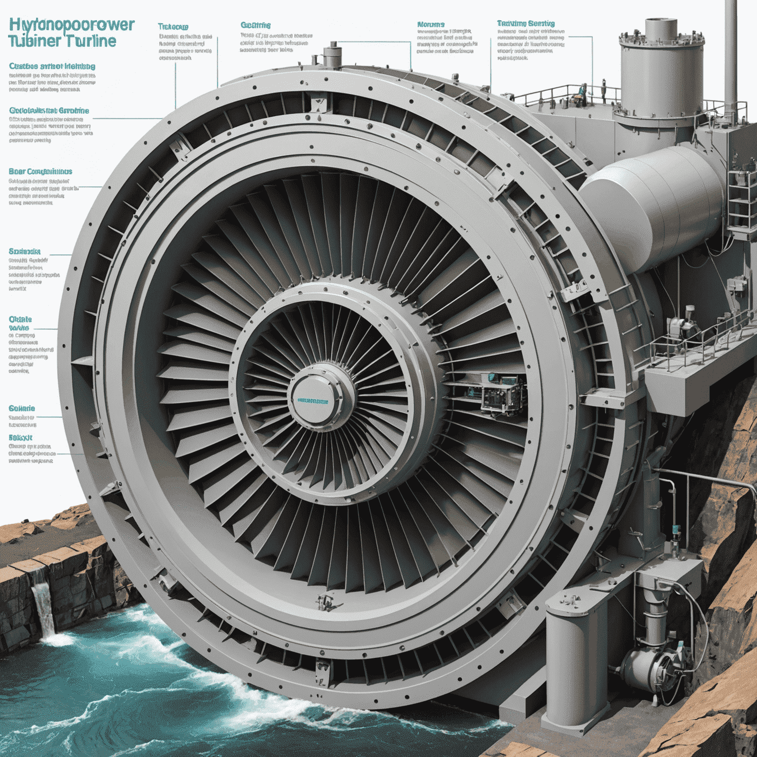 Cutaway diagram of a hydropower turbine with smart sensors and monitoring devices highlighted