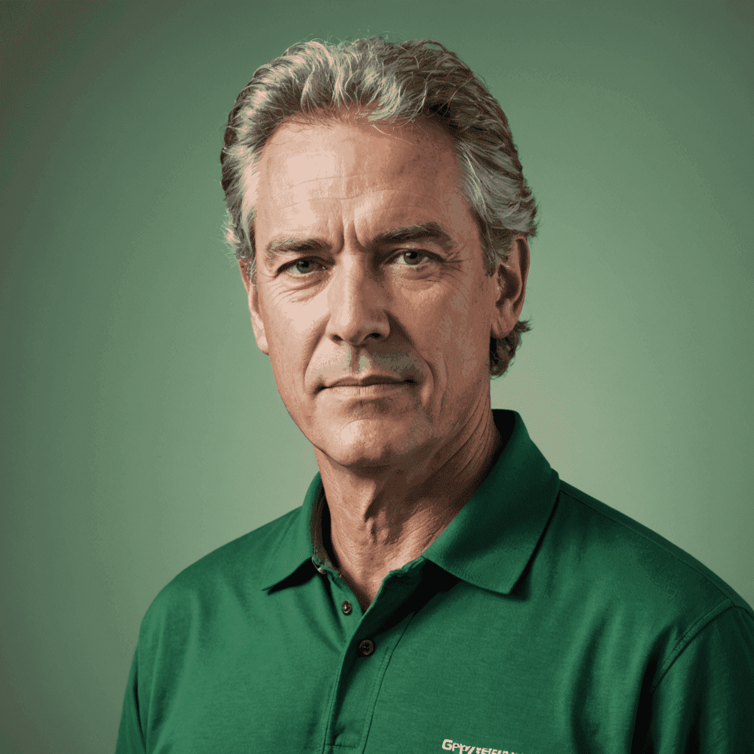 Portrait of Michael Thompson, a man in his 50s with salt and pepper hair, wearing a green polo shirt