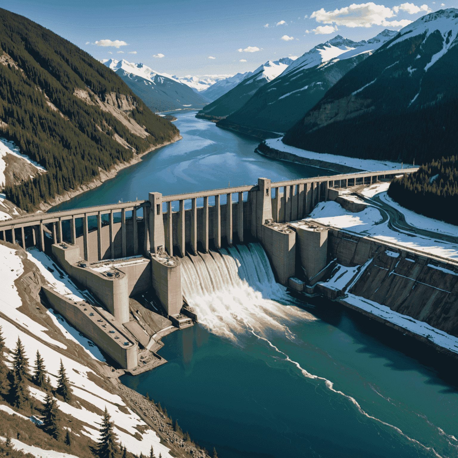 Panoramic view of a massive Canadian hydropower facility nestled in a picturesque landscape with snow-capped mountains, dense forests, and a powerful river. The image highlights modern infrastructure seamlessly integrated with the natural environment, symbolizing Canada's leadership in sustainable energy.