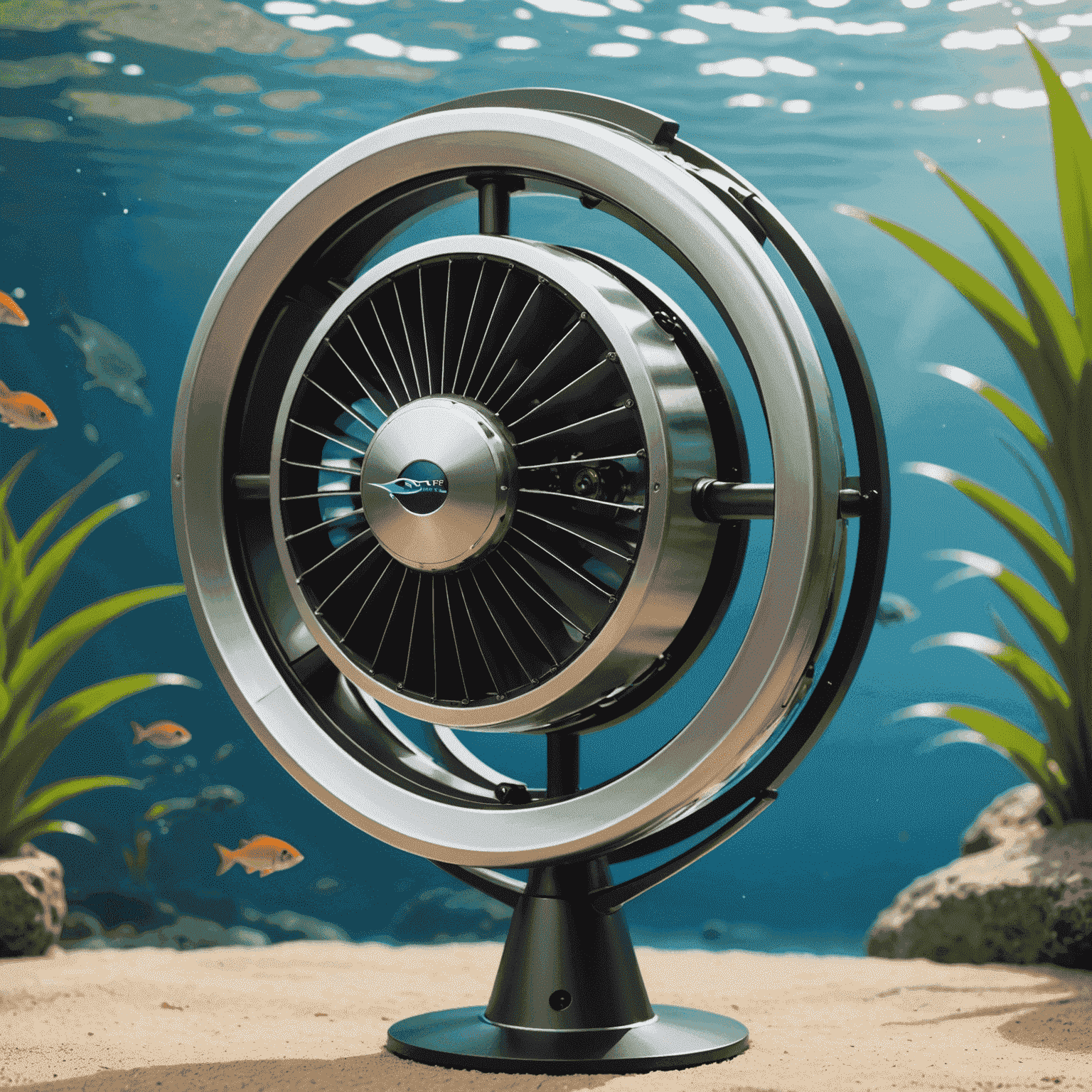 Close-up of a sleek, fish-friendly turbine design with smooth curves and innovative features to protect aquatic life