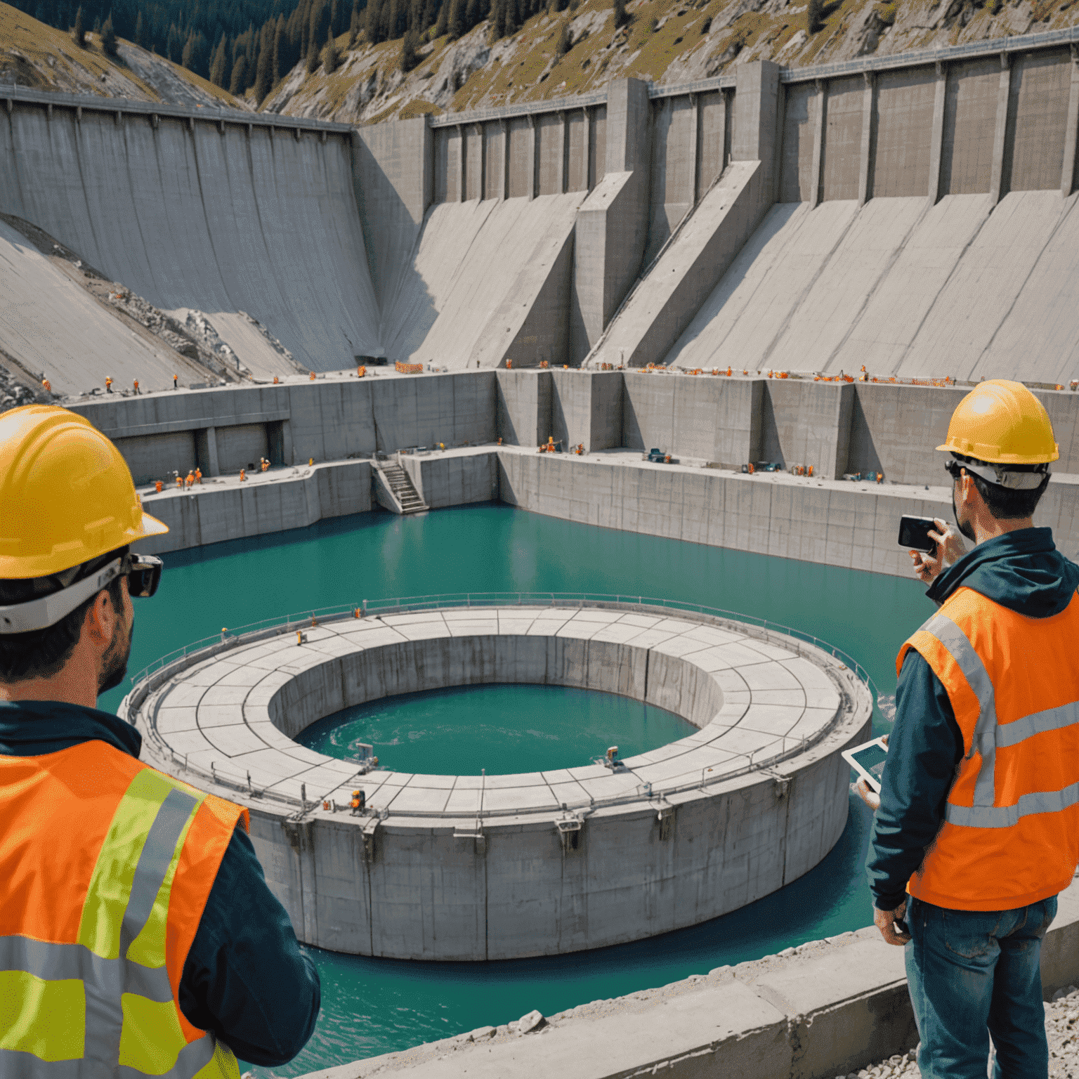 Close-up of advanced hydropower dam construction using self-healing concrete and nanomaterials, with workers using augmented reality glasses for precision assembly