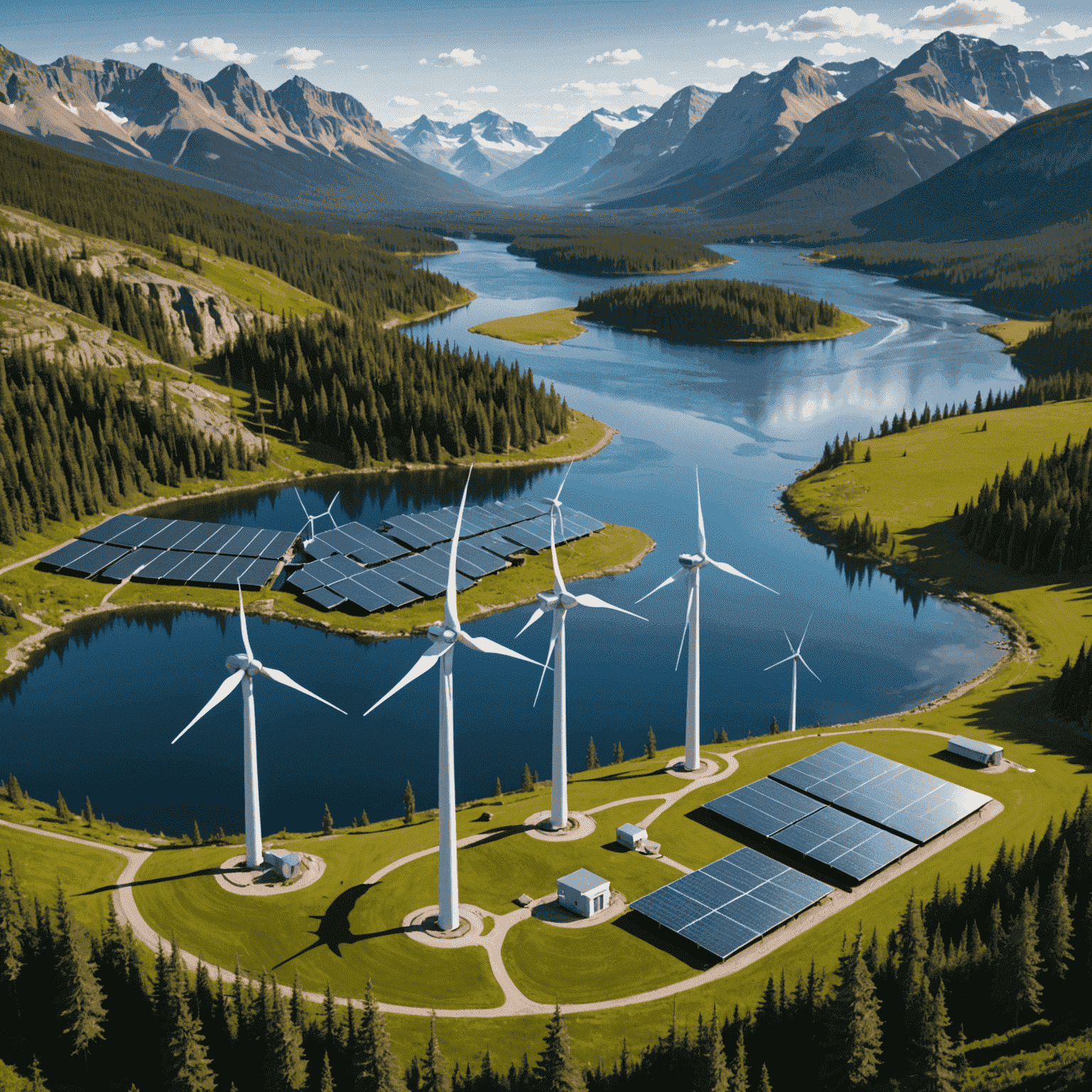 Futuristic rendering of a hybrid energy system combining hydropower with solar panels and wind turbines in a Canadian landscape