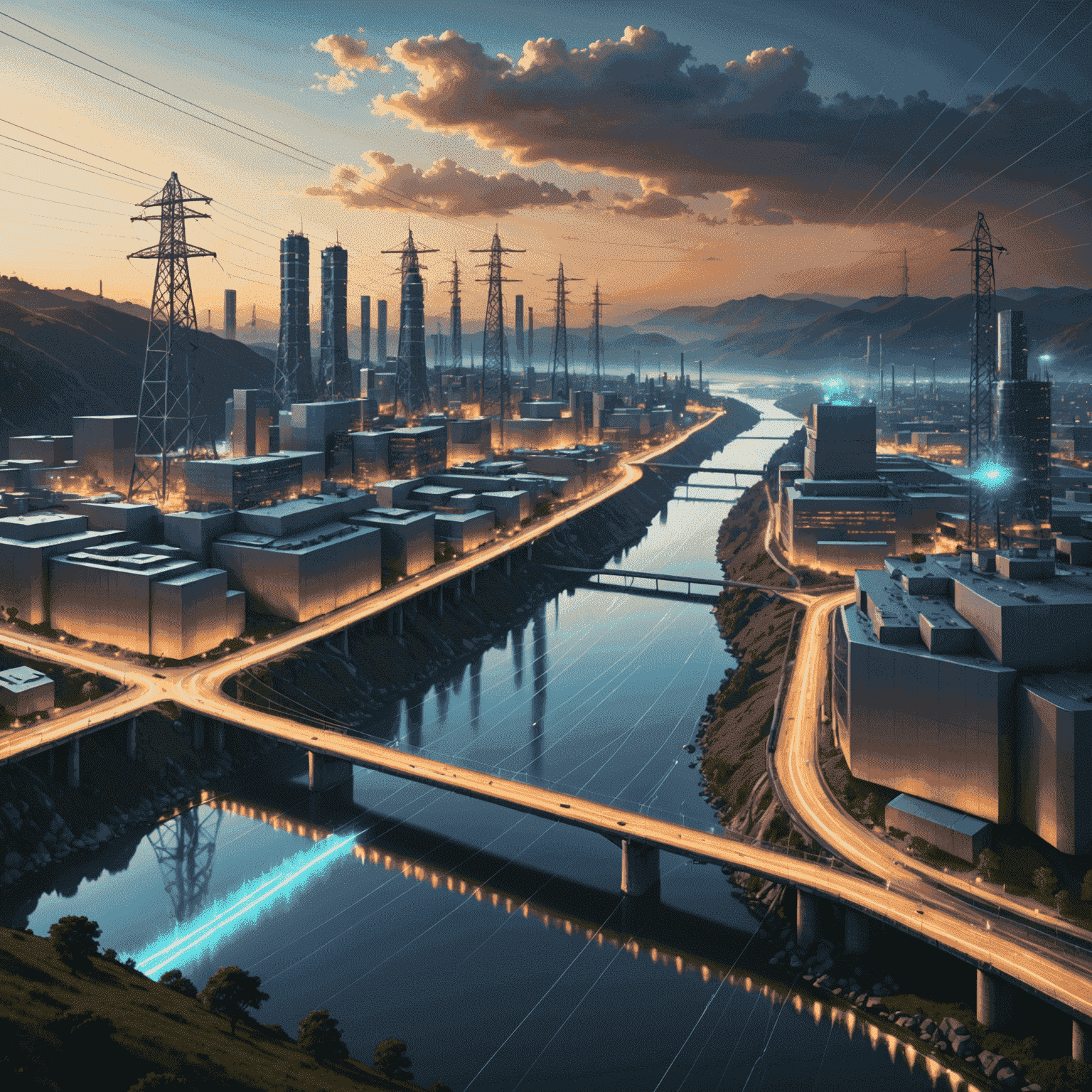 Futuristic cityscape powered by a combination of hydroelectric dams and smart grid infrastructure, with glowing power lines connecting various points