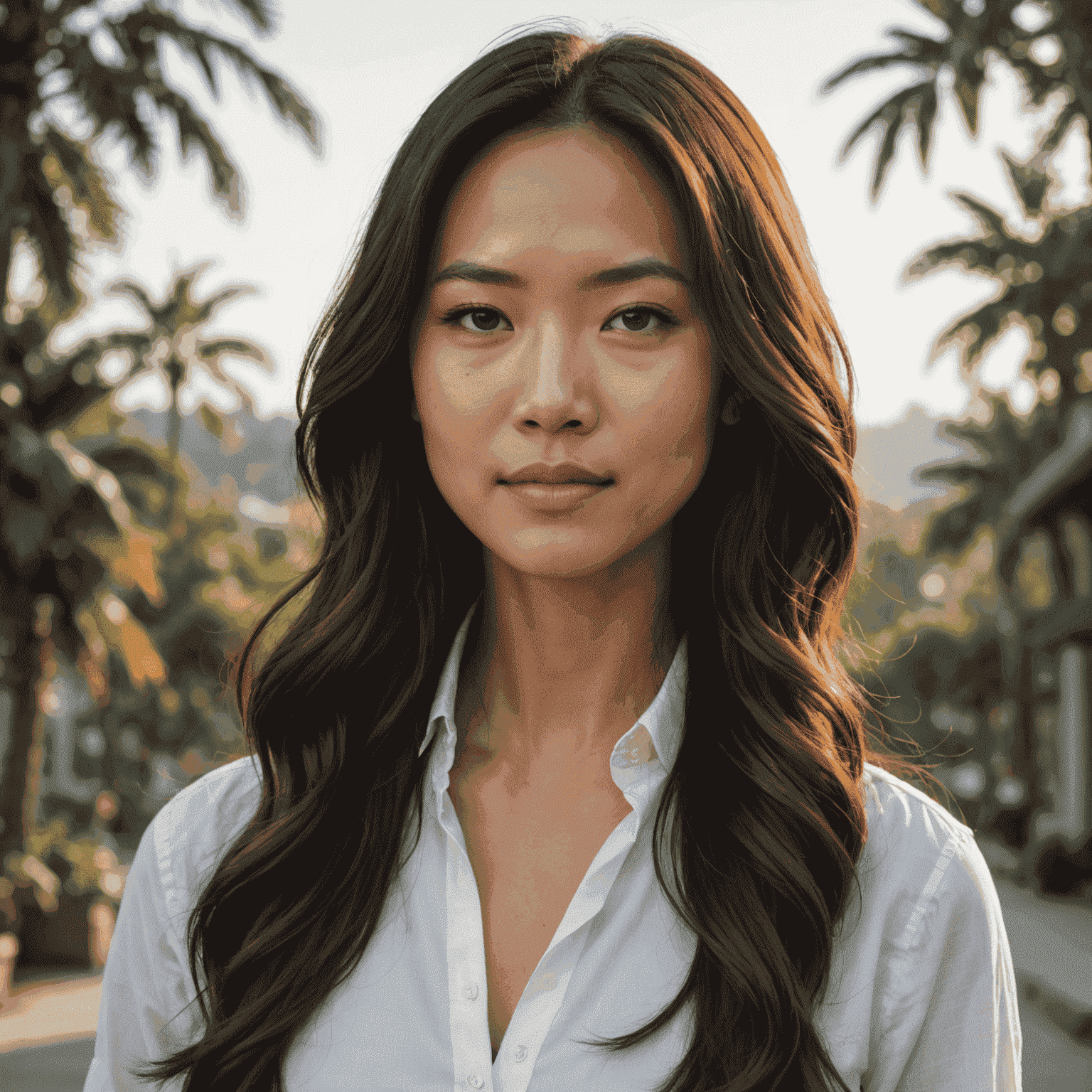 Portrait of Sarah Nguyen, a woman in her 30s with long brown hair, wearing a white blouse