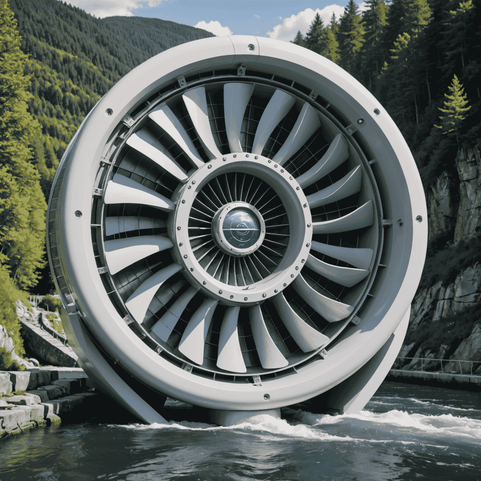 Close-up view of an innovative, eco-friendly hydropower turbine design. The image shows a sleek, fish-friendly turbine with curved blades and integrated sensors. Surrounding the turbine are visual representations of its minimal environmental impact, such as fish safely passing through and reduced sediment disruption.