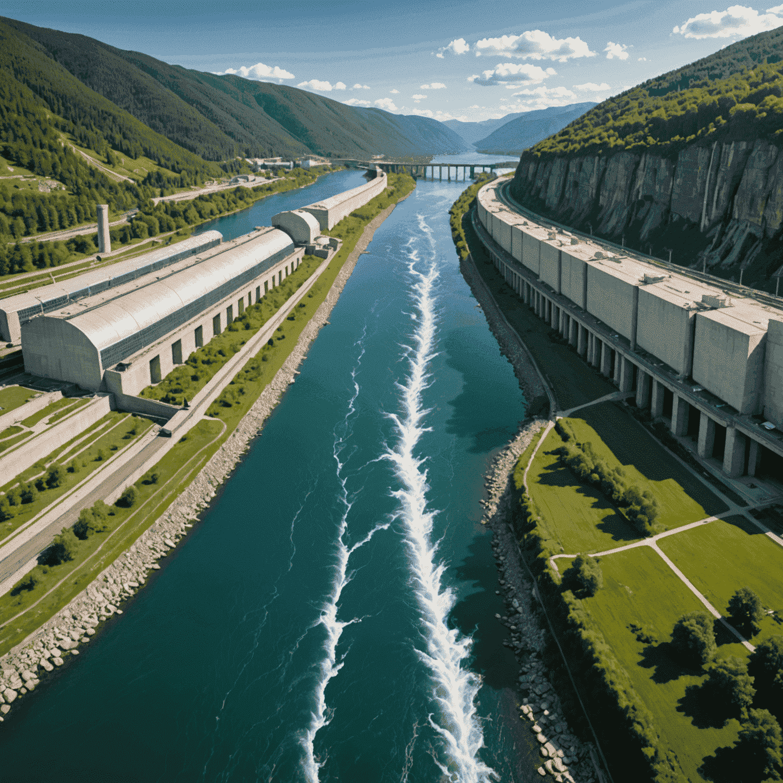 Split image showing a thriving river ecosystem on one side and a modern hydropower facility on the other, symbolizing the balance between nature and energy production