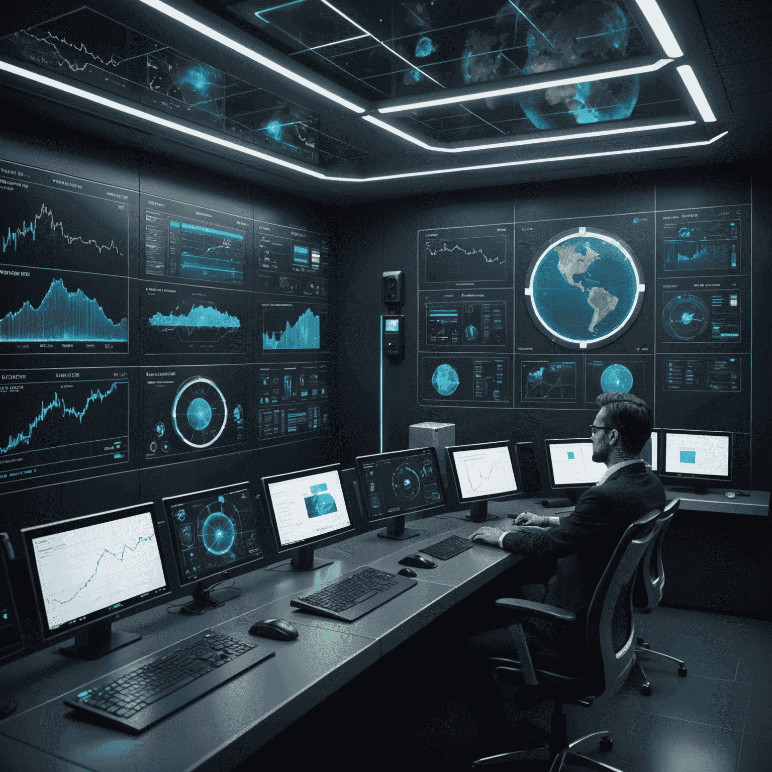 Futuristic control room with holographic displays showing real-time data from hydropower plants integrated with a smart grid system